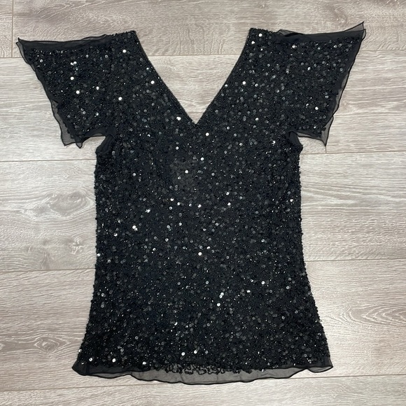 NWT Adrianna Papell Silk V-neck Sequin Flutter Sleeve Evening Dazzling Winds L - Picture 14 of 14